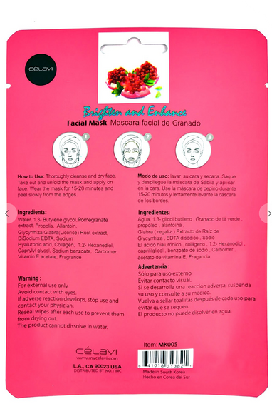 Facial Mask Sheet in Cucumber or Pomegranate
